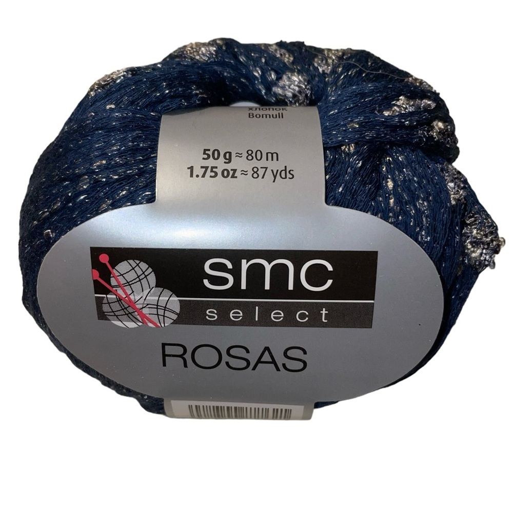 SMC Select Rosas Flower Detail Worsted Cotton Blend Yarn Dark Blue Silver